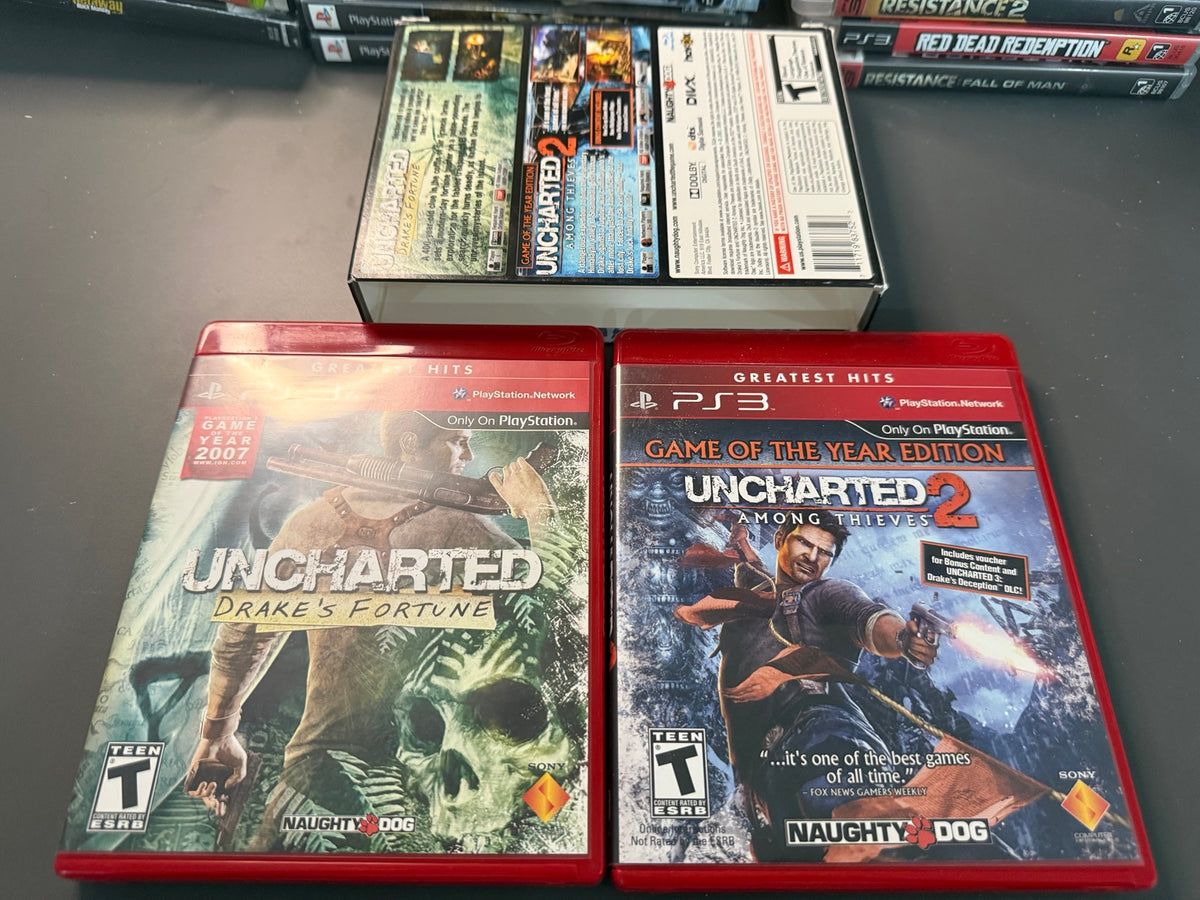 Uncharted Dual Pack Greatest Hits PS3 USA Very Good CIB - Uncharted Drake's Fortune and Uncharted 2 Among Thieves GOTY cases